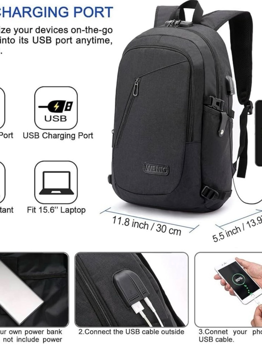 WENIG Black Travel & Commuter Backpack - Picture 3 of 9